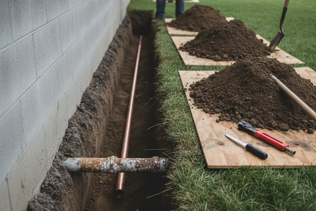 Excavated water line trench during Sewer Line Repair in Camano Island